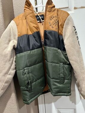 Aeropostale Men's Colorblock Puffer Jacket - Tan, Black, Olive, Cream